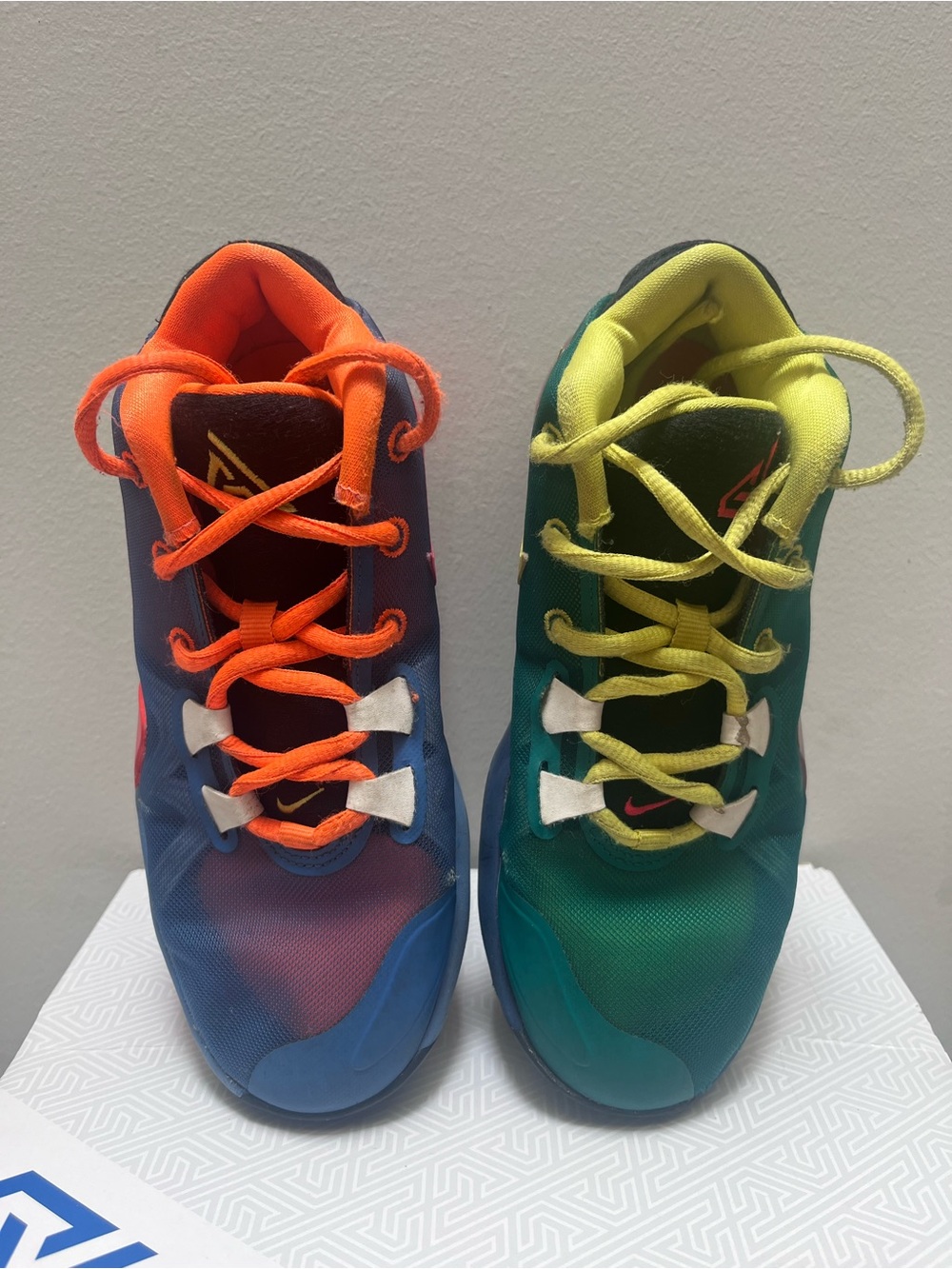 Nike Giannis Kids Sneakers in Blue with Orange Accents and Yellow-Green Pairing